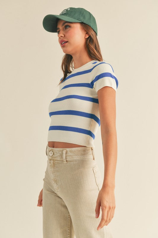 Sally Bold Stripe Short Sleeve Knit Top by Miou Muse