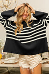Sara Low Gauge Stripe V Neck Sweater Top in Grey/Black