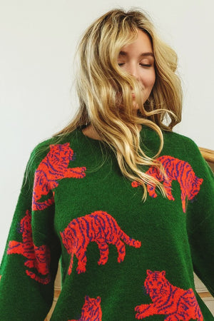 Lucky Tiger Knit Sweater in Green and Hot Pink