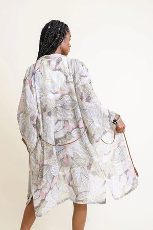 Ikebana Print Kimono With Suede Tie Belt in Pink