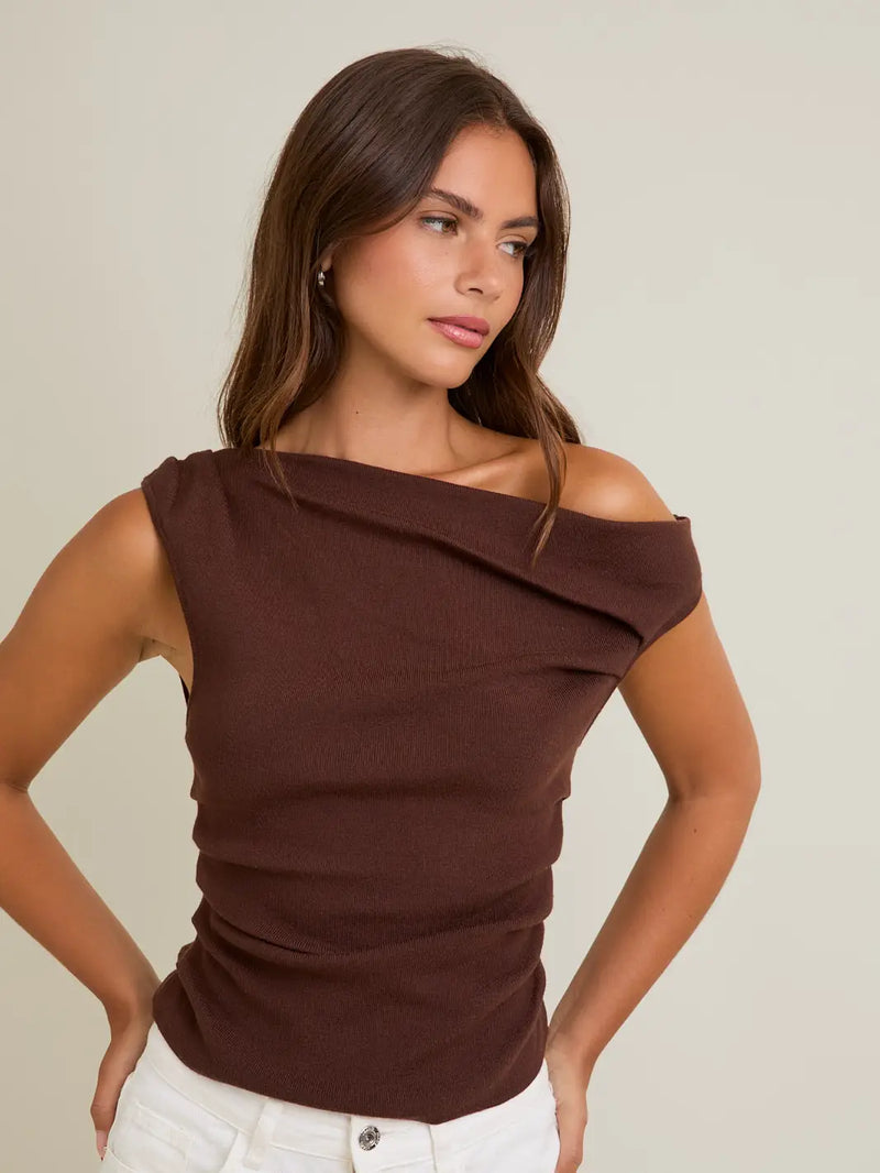 Asymmetrical Neck Sweater in Brown