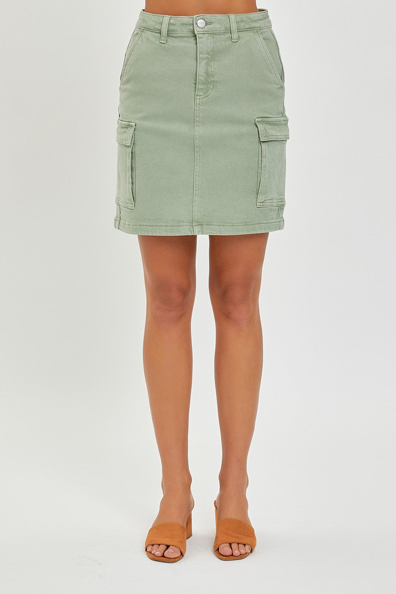 High Rise Mid Length Cargo Skirt in Olive by Risen