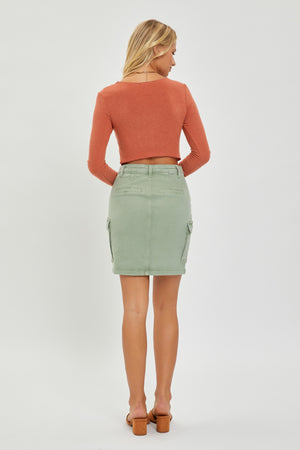 High Rise Mid Length Cargo Skirt in Olive by Risen