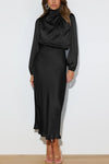 Pamela Satin Long Sleeved Maxi Dress in Black