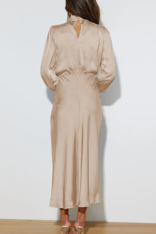 Pamela Satin Long Sleeved Maxi Dress in Champagne