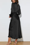 Pamela Satin Long Sleeved Maxi Dress in Black