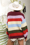 Marta Striped Chunky Sweater Pullover in Burgundy Combo