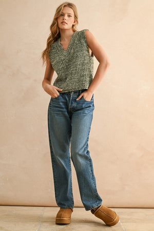 Two Tone Chenille Vest in Olive and White by Miou Muse