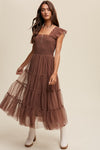 Fiona Flutter Sleeve Smocked Midi Dress in Maroon