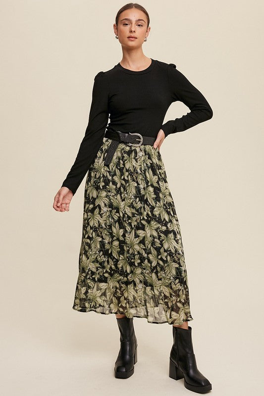 Heidi Leaf Print Pleated Chiffon Skirt
