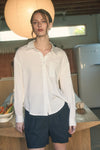 Val Pinstripe Collared Long Sleeve Button Down Shirt in Light Khaki or Off White