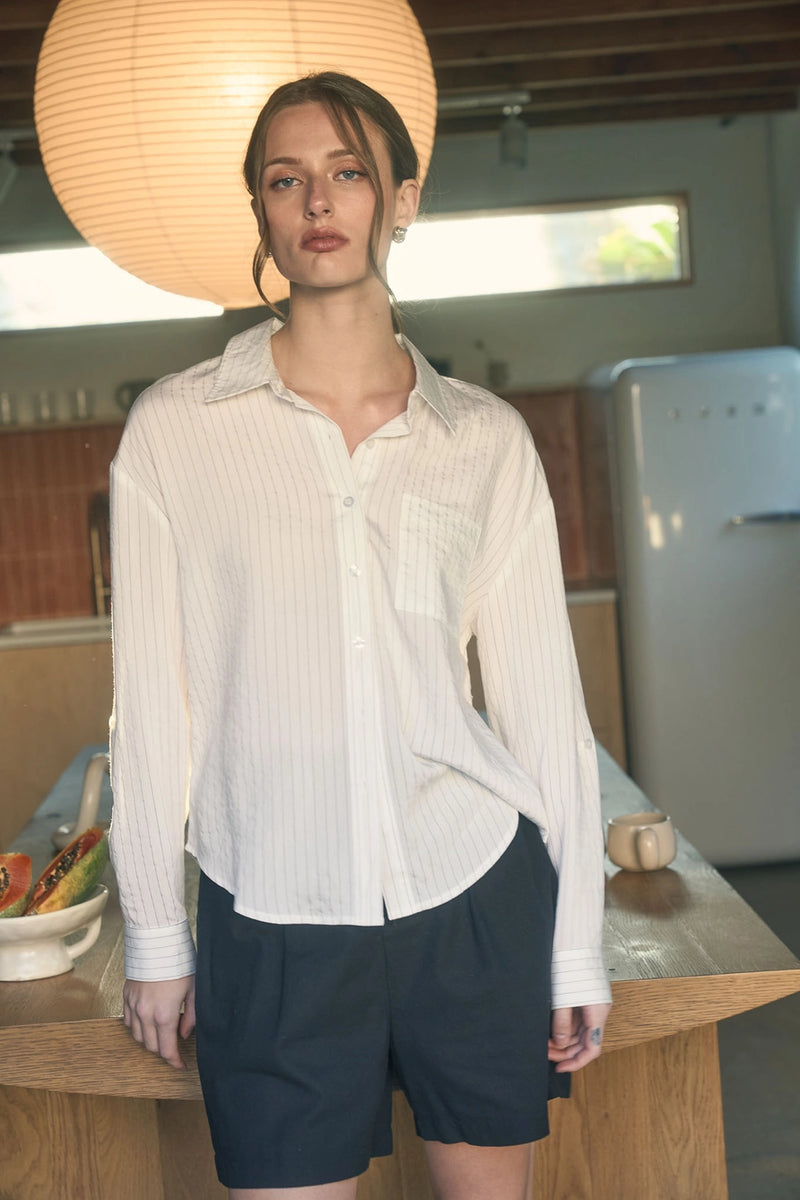 Val Pinstripe Collared Long Sleeve Button Down Shirt in Light Khaki or Off White