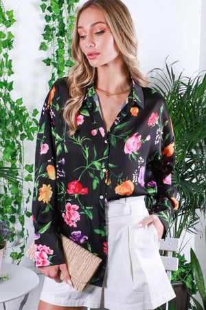 Gracie Floral Satin Button Up Blouse