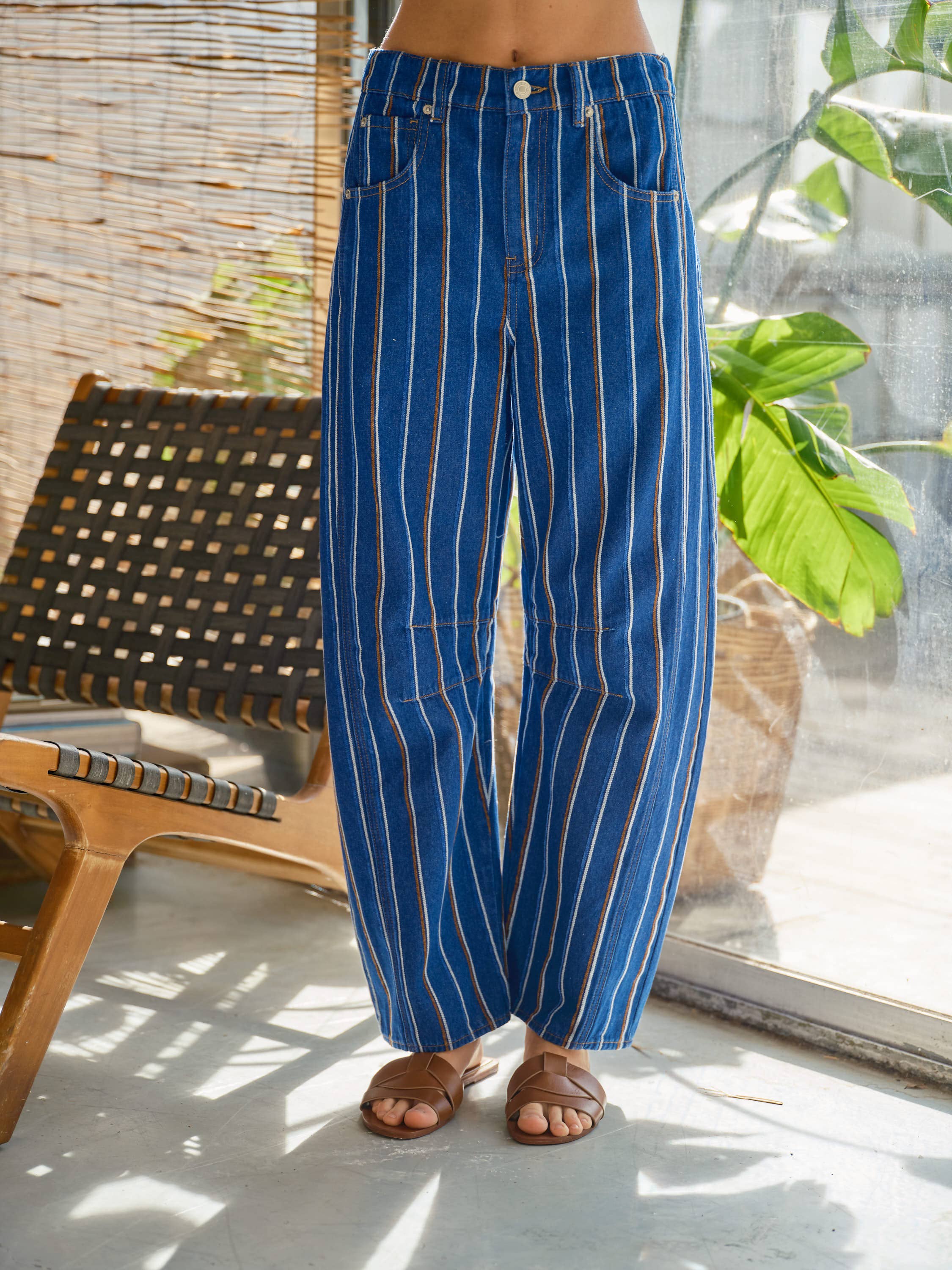 Dana Brown Brushed Stripe Denim Barrel Pants by Aaron & Amber