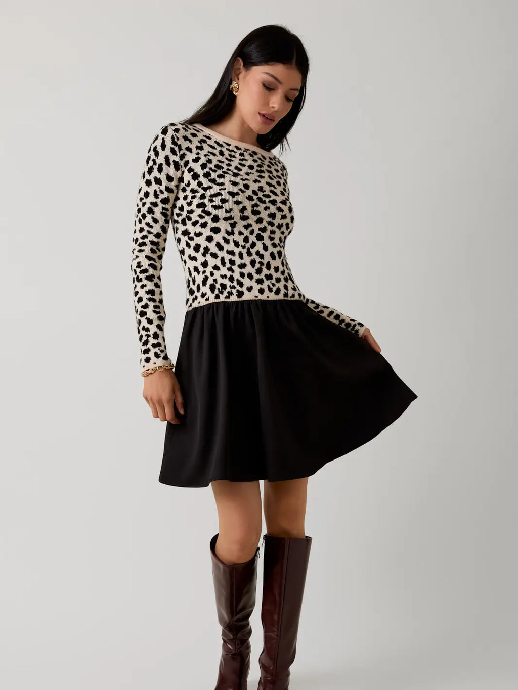 Gracie Boat Neck Animal Graphic Woven and Knit Mix Mini Dress