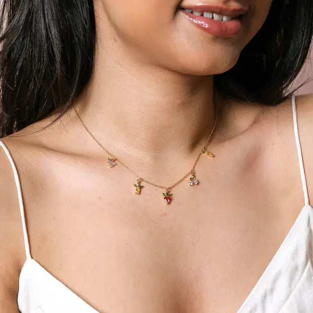 Crystal Fruit Charm Necklace in Gold