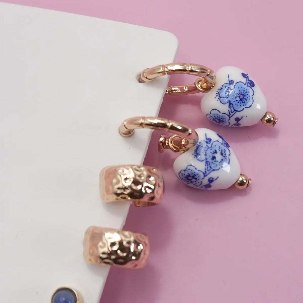Blue Ceramic Porcelain Trio Huggie Hoop Earrings