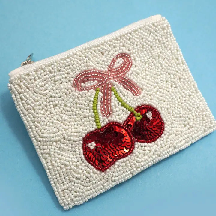 Cherry Bow Seed Bead Coin Purse