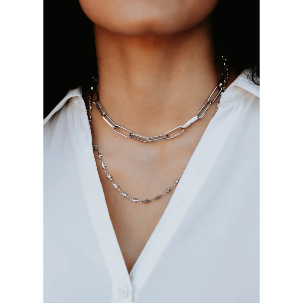 Silver Layered Star Paperclip Necklace