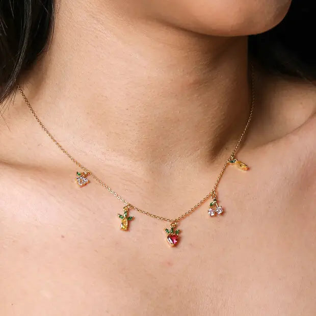 Crystal Fruit Charm Necklace in Gold