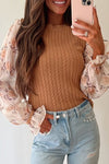 Monica Floral Patchwork Ruffled Cuff Cable Knit Sweater