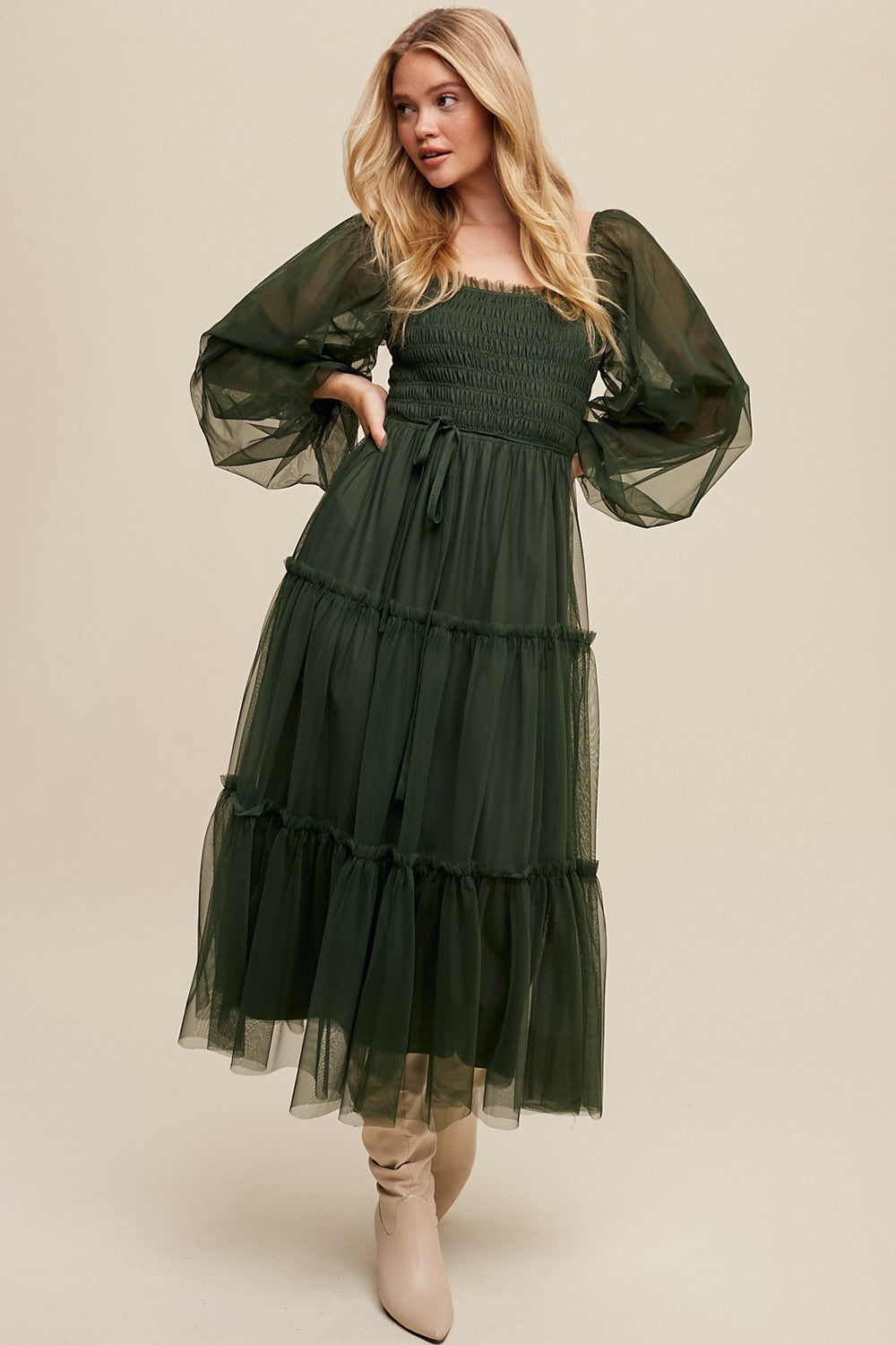 Meg Long Sleeve Mesh Tiered Maxi Dress in Deep Green