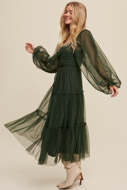 Meg Long Sleeve Mesh Tiered Maxi Dress in Deep Green