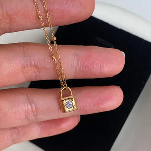 Turner 18K Gold Non-Tarnish Petite Rhinestone Lock Necklace