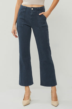 High Rise Patch Pocket Ankle Flare Denim by Risen