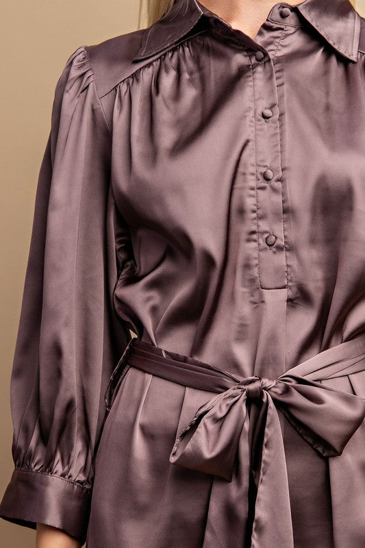 Naomi Button Front Satin Dress in Purple Medium Naomi Button Front Satin Dress in Purple Medium