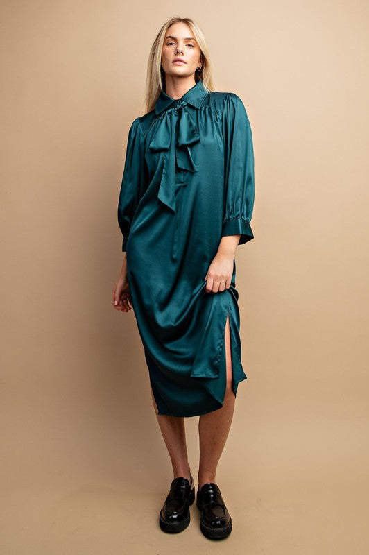 Naomi Button Front Satin Dress in Teal Green