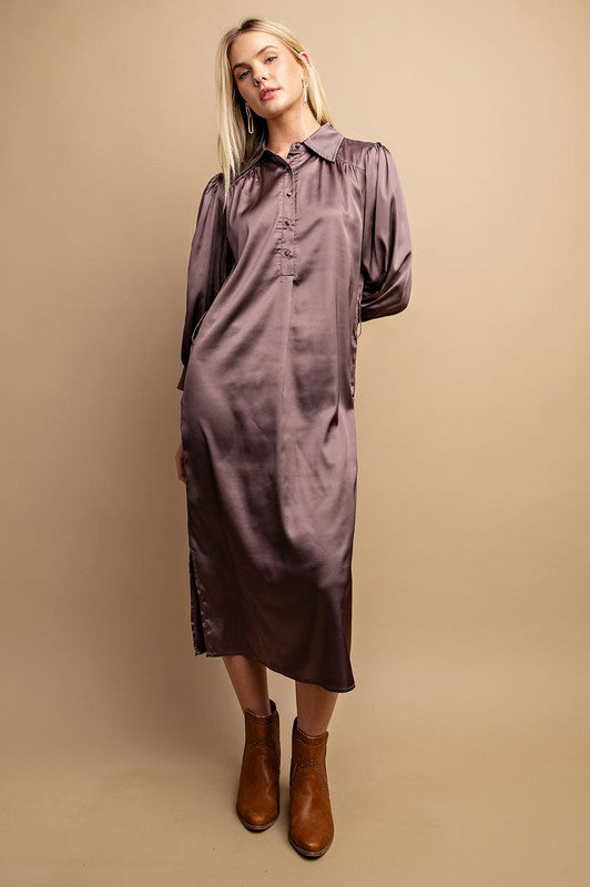 Naomi Button Front Satin Dress in Purple Medium Naomi Button Front Satin Dress in Purple Medium