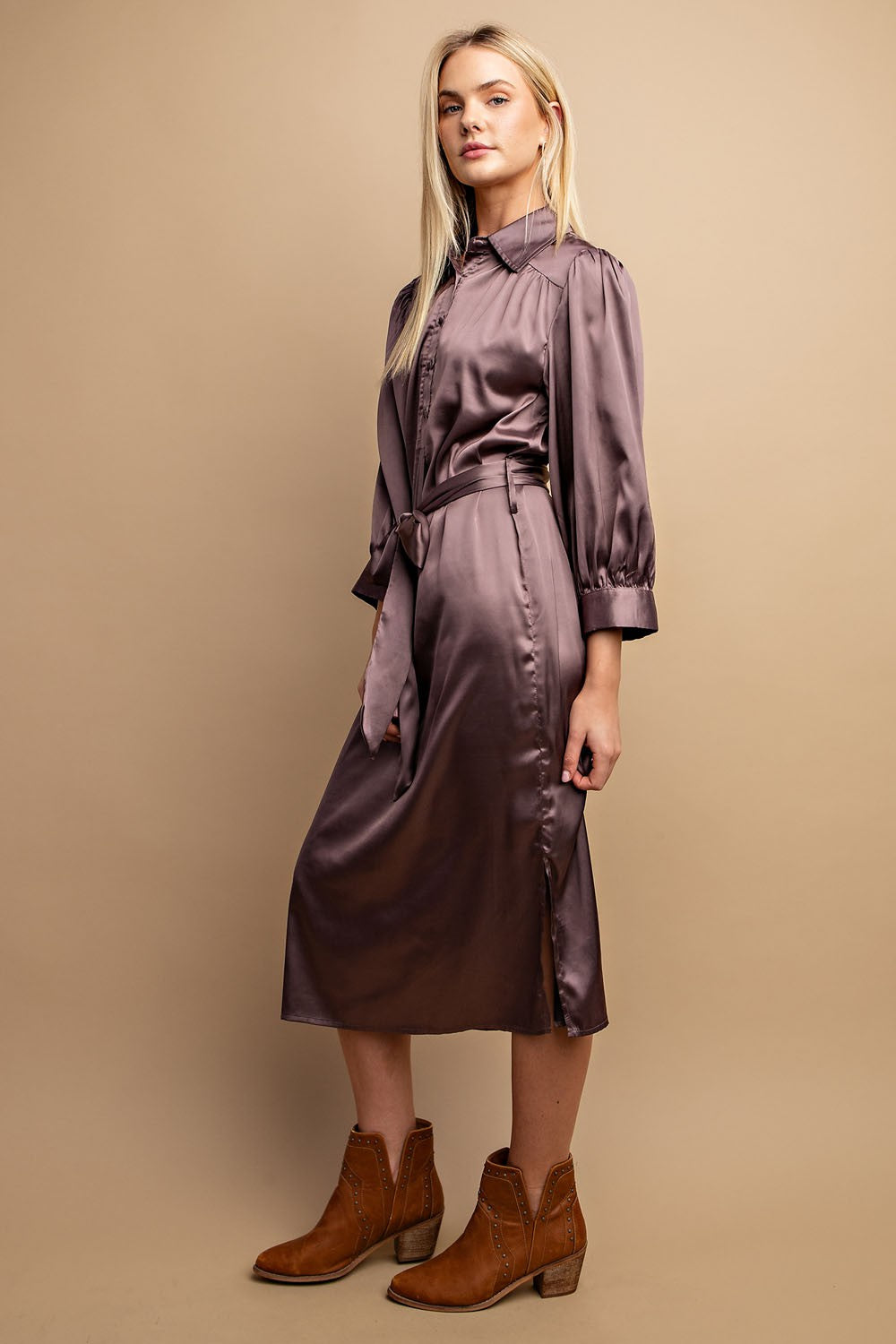 satin button up dress Naomi Front in Purple Medium COLOR:Black Nude Lace & Beads Plus Thigh length Curvy Style