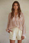 Harper Woven Button Down Long Sleeve in Blush by By Together