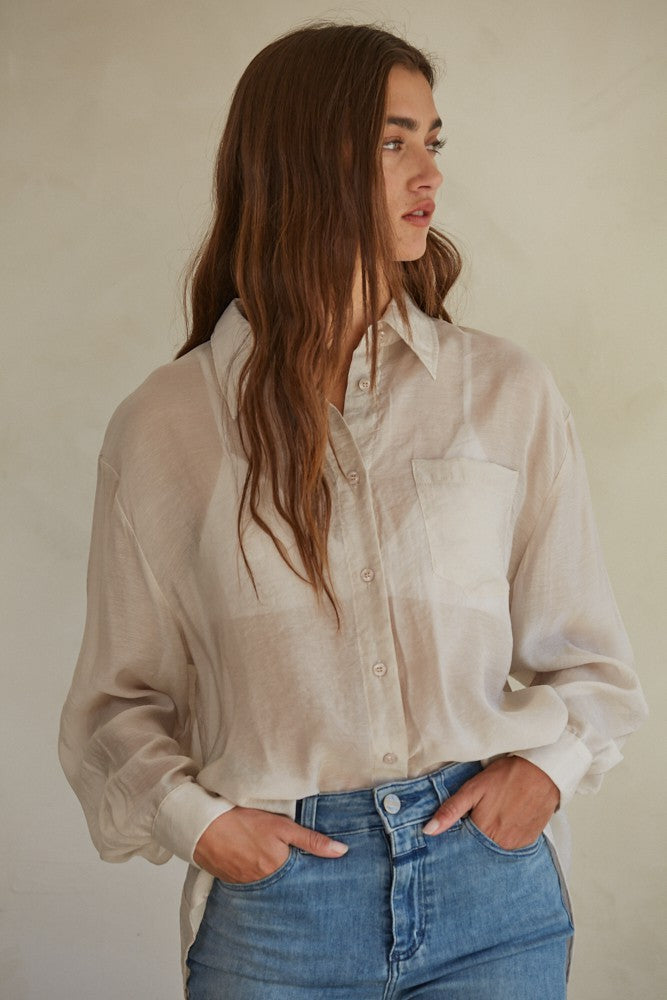 Harper Woven Button Down Long Sleeve in Clay by By Together