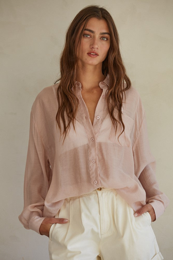 Harper Woven Button Down Long Sleeve in Blush by By Together