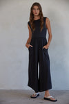 Mindy Washed Woven Suspender Style Jumpsuit in Black