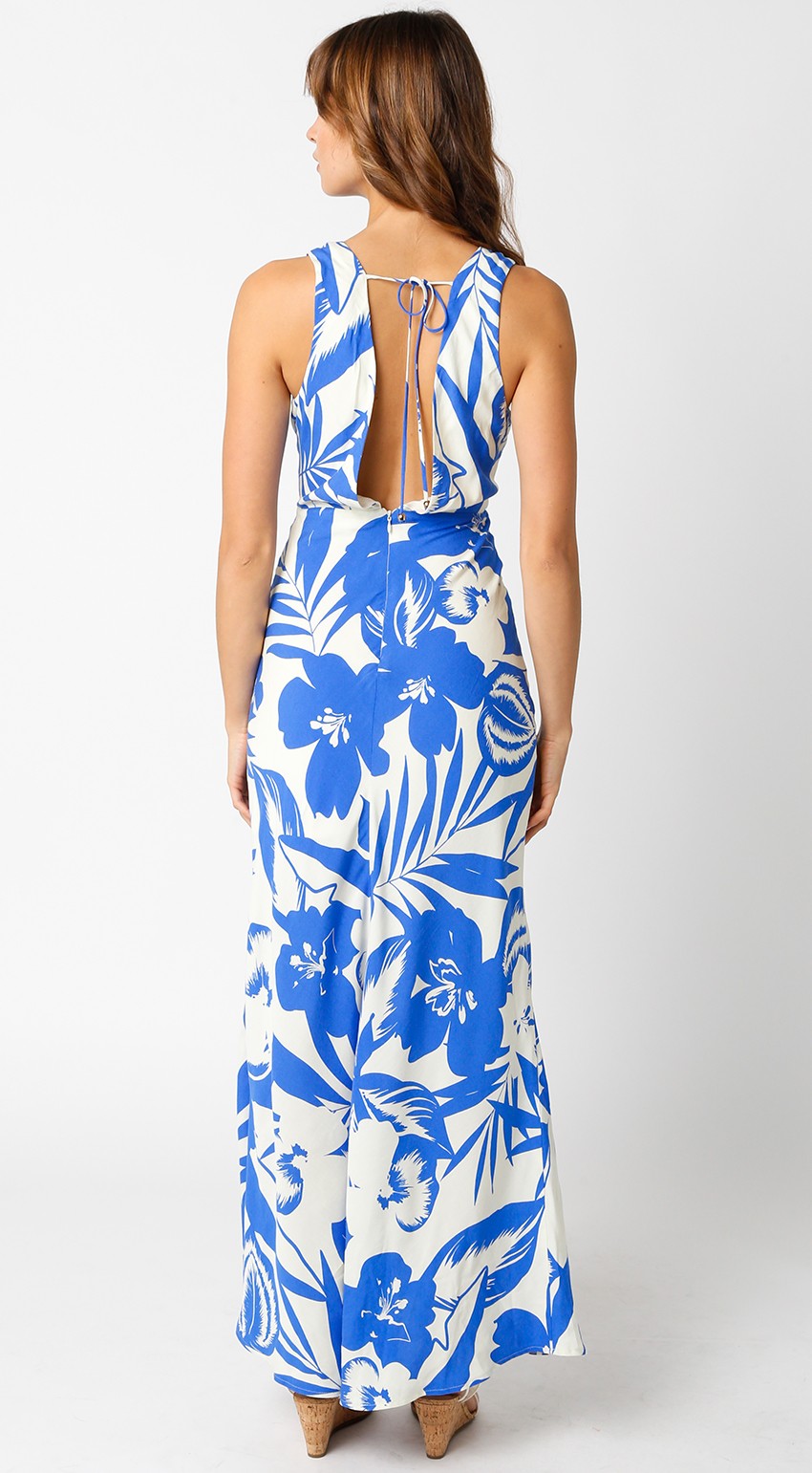 Merideth Cream Blue Maxi Dress by Olivaceous