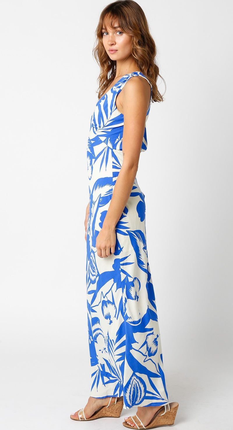 Merideth Cream Blue Maxi Dress by Olivaceous