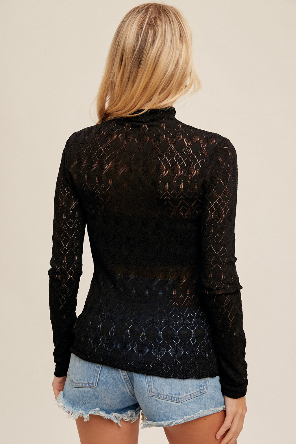 Lillian Mock Neck Pointelle Spring Sweater in Black by Hem & Thread