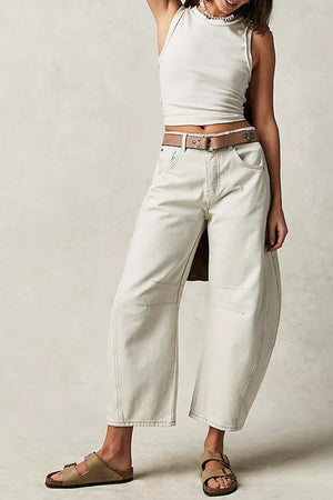 White Mid Rise Cotten Barrel Jeans