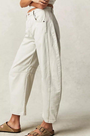 White Mid Rise Cotten Barrel Jeans