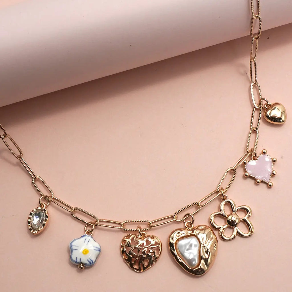 Charm Necklace With Porcelain Heart and Flowers