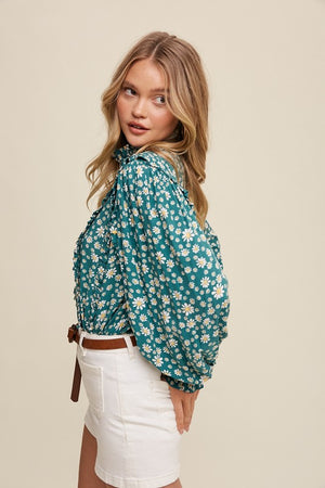 Emmy Flower Print Mock Neck Pleated Blouse