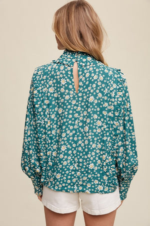 Emmy Flower Print Mock Neck Pleated Blouse