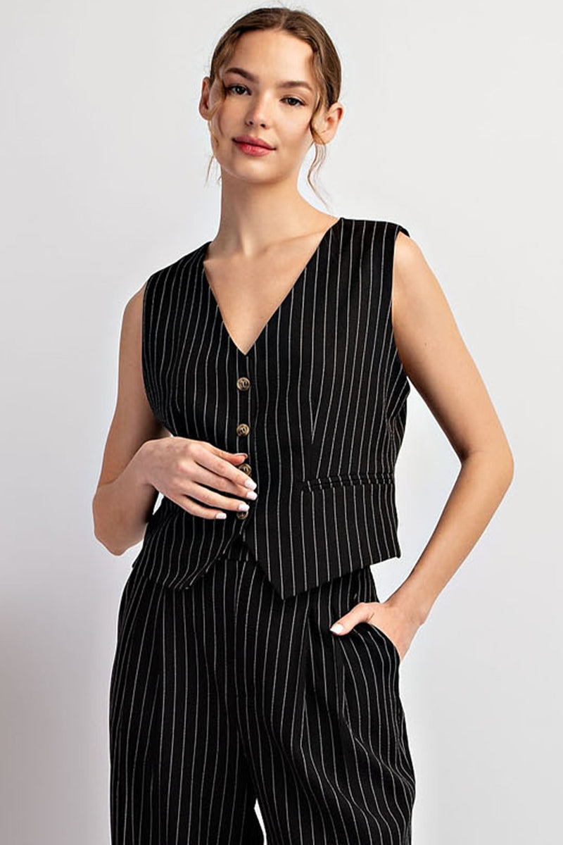 Whitney Pinstriped Sleeveless Vest Top in Black