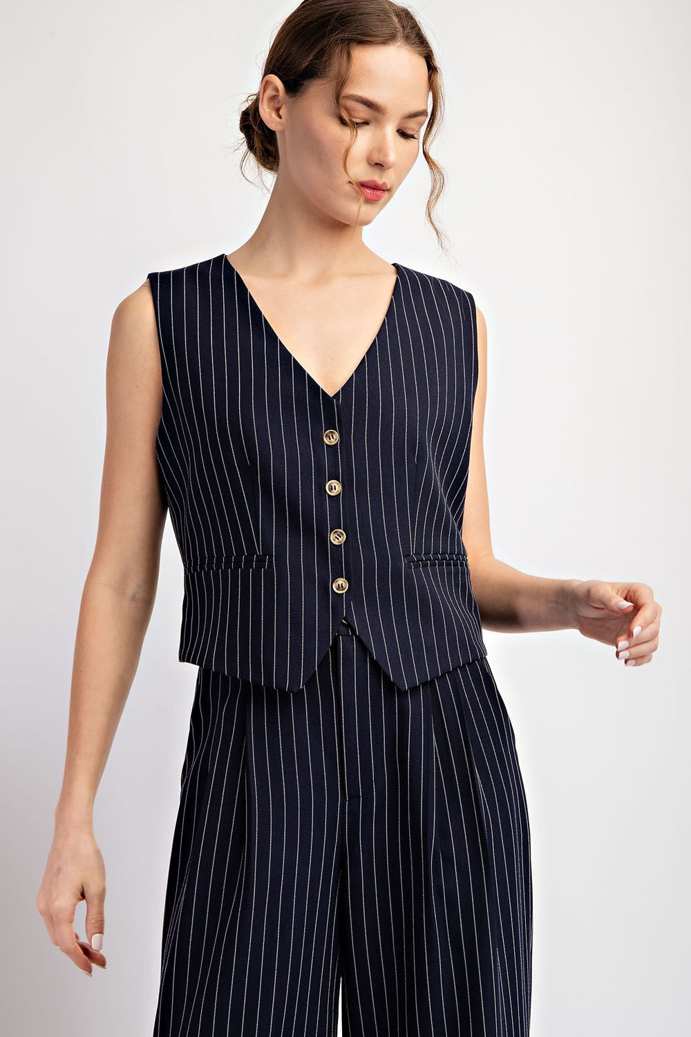 Whitney Pinstriped Sleeveless Vest Top in Navy