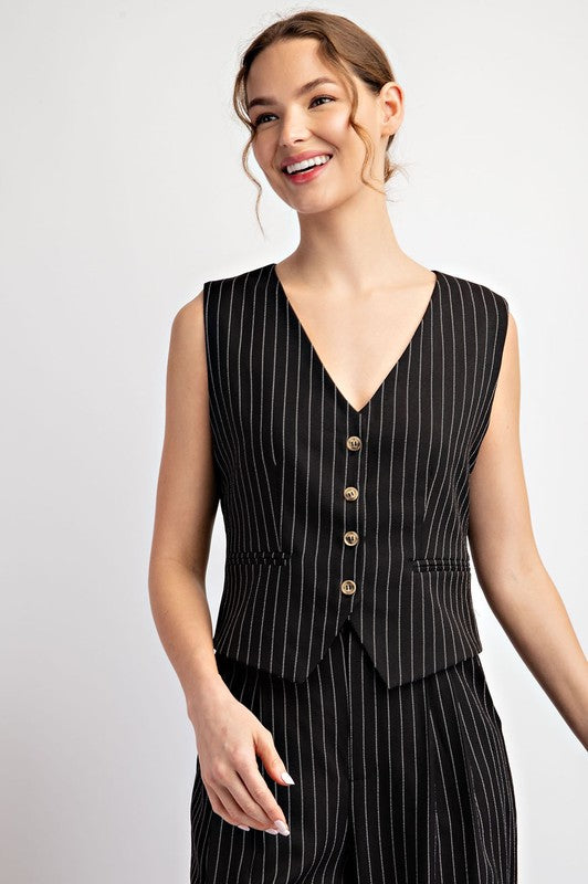 Whitney Pinstriped Sleeveless Vest Top in Black