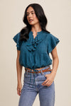 Rita Ruffled Button Front Top in Teal