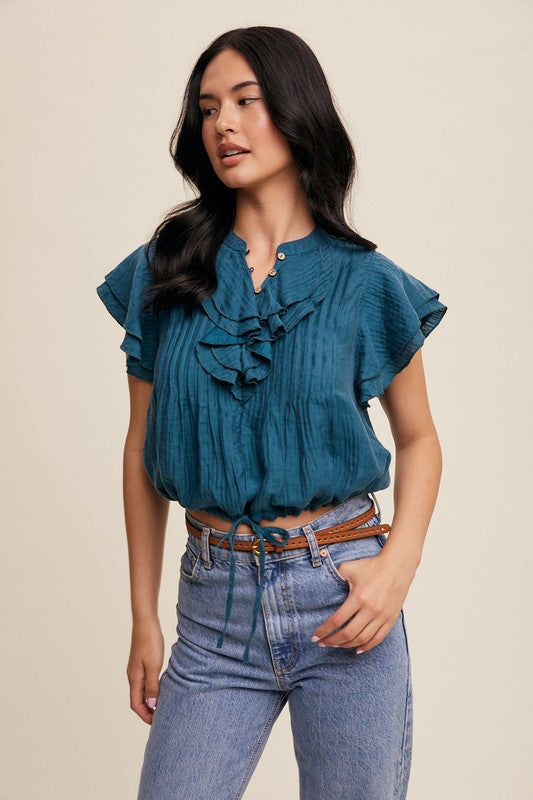 Rita Ruffled Button Front Top in Teal